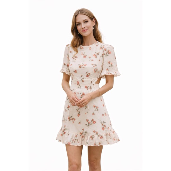 Reformation Dresses & Skirts - Reformation Sz 6 Pink Floral White Alaina Ruffle Mini‎ Dress Open Back Wedding